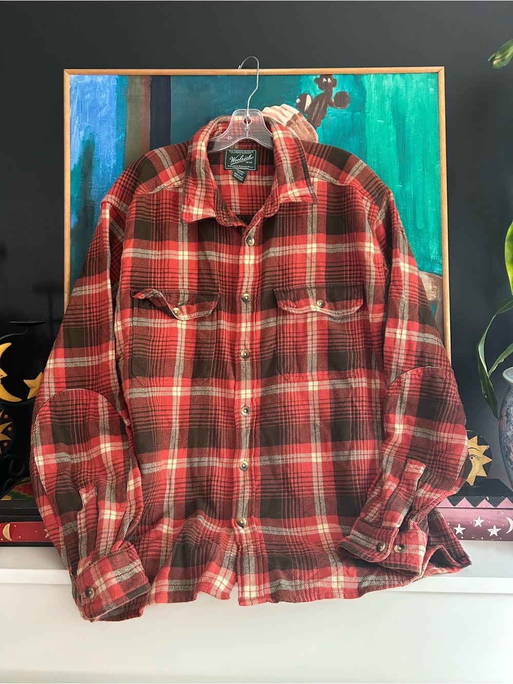 Woolrich Red Brown Plaid Cotton Flannel Shirt XL/TG Outdoor Grunge